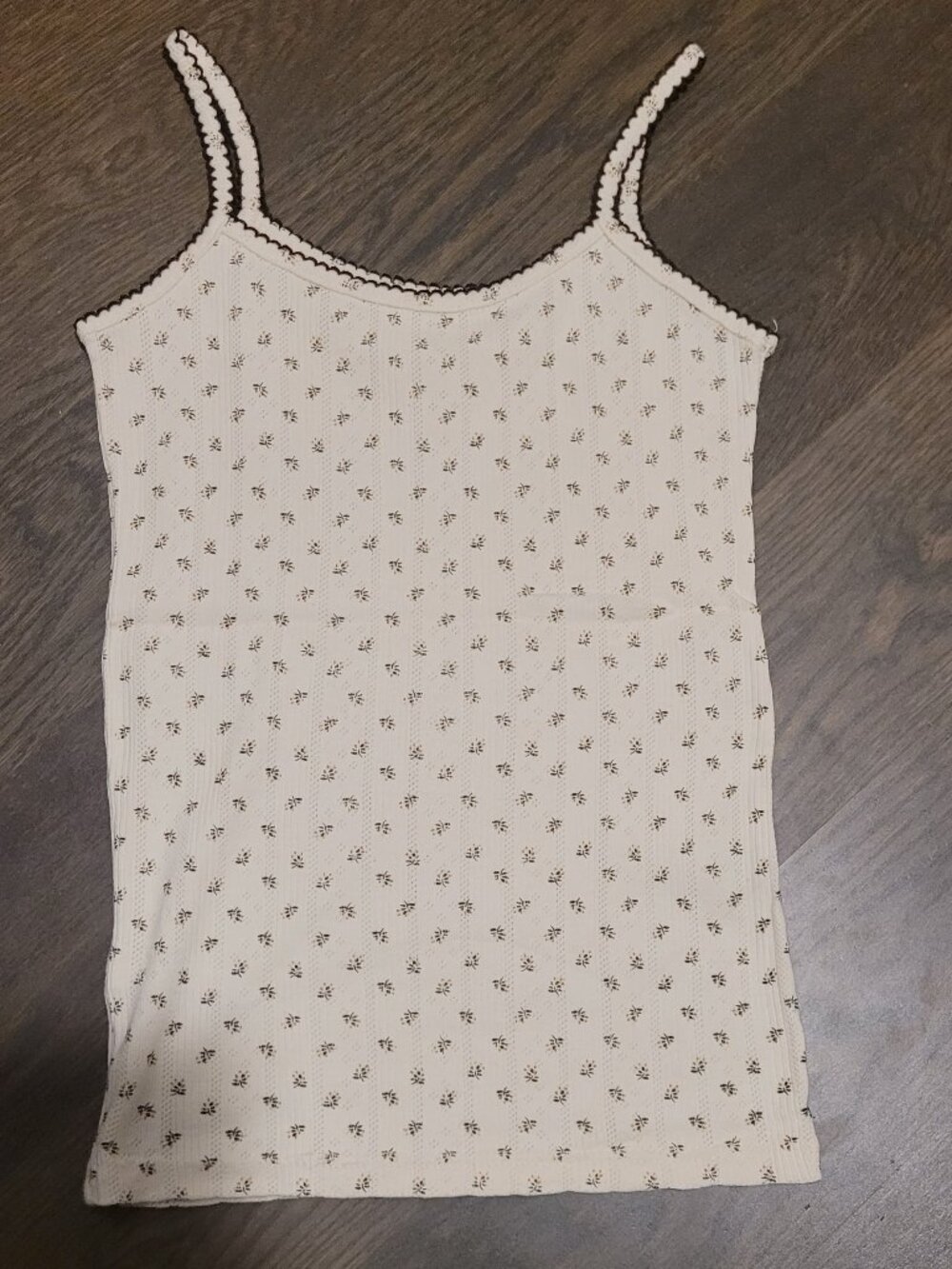 (2 for $12) Ivory Pointelle Floral Print Camisole with Black Scalloped Trim